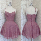 Vintage A line Spaghetti Straps Pink Sequin Formal 8th Grade Homecoming Dress Summer Middle School Hoco Dresses Birthday Outfits HZ1121