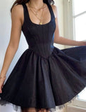 Pretty A line Square Neck Tulle Satin Dress Formal 8th Grade Short Mini Black Homecoming Dress Summer Middle School Hoco Dresses Birthday Outfits HZ1121
