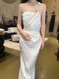 Modest Sheath One Shoulder White Satin Long Prom Gown Summer Wedding Guest Dress Bridal Guest Dresses Wedding Outfits For Guest HZ1121