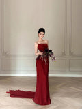 Modest Mermaid Burgundy Strapless Long Prom Gown Summer Wedding Guest Dress Bridal Guest Dresses Wedding Outfits For Guest HZ1121