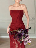 Modest Mermaid Burgundy Strapless Long Prom Gown Summer Wedding Guest Dress Bridal Guest Dresses Wedding Outfits For Guest HZ1121