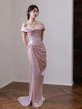 Elegant Mermaid Off The Shoulder Pink Satin Short Sleeves Long Evening Party Gowns Evening Formal Dresses Prom Dress HZ1121
