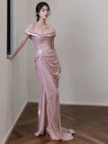 Elegant Mermaid Off The Shoulder Pink Satin Short Sleeves Long Evening Party Gowns Evening Formal Dresses Prom Dress HZ1121