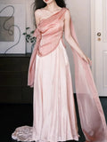 Sexy A line One Shoulder Pink Satin Sleeveless Prom Dresses Party Dress Summer Birthday Outfits Birthday Dresses HZ1121