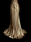 Vintage Mermaid V Neck Gold 1950s Retro Classy Satin Long Prom Dresses Party Dress 21st Birthday Outfits Graduation Dresses HZ1121