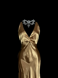 Vintage Mermaid V Neck Gold 1950s Retro Classy Satin Long Prom Dresses Party Dress 21st Birthday Outfits Graduation Dresses HZ1121
