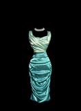 Vintage Sheath Square Neck Sleeveless Blue Satin Petite Mother Of Bride Dress Party Gown Knee Length For Summer Women Wedding HZ1121