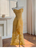 Elegant High Low Spaghetti Straps Yellow Sleeveless Long Evening Party Gowns Evening Formal Dresses Prom Dress HZ1121