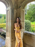 Elegant High Low Spaghetti Straps Yellow Sleeveless Long Evening Party Gowns Evening Formal Dresses Prom Dress HZ1121