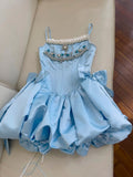 Trendy Ball Gown Spaghetti Straps Blue Satin Sleeveless Formal Short 8th Grade Homecoming Dress Summer Middle School Hoco Dresses Cocktail Dress Birthday Outfits HZ1121