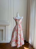 Elegant A line Straps Floral Pink Chiffon Sleeveless Long Evening Party Gowns Evening Formal Dresses Prom Dress HZ1121