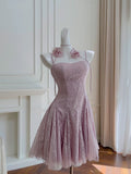 Trendy A line Spaghetti Straps Lilac Lace Sleeveless Formal Short 8th Grade Homecoming Dress Summer Middle School Hoco Dresses Cocktail Dress Birthday Outfits HZ1121