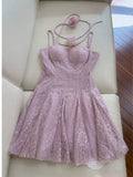 Trendy A line Spaghetti Straps Lilac Lace Sleeveless Formal Short 8th Grade Homecoming Dress Summer Middle School Hoco Dresses Cocktail Dress Birthday Outfits HZ1121