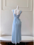 Elegant A line Straps Light Sky Blue Chiffon Sleeveless Long Evening Party Gowns Evening Formal Dresses Prom Dress HZ1121