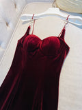 Elegant Sheath Spaghetti Straps Burgundy Velvet Sleeveless Long Evening Party Gowns Evening Formal Dresses Prom Dress HZ1121