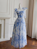 Elegant A line Straps Light Sky Blue Floral Chiffon Sleeveless Long Evening Party Gowns Evening Formal Dresses Prom Dress HZ1121