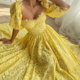 Elegant A line Sweetheart Lace Yellow Sleeveless Long Evening Party Gowns Evening Formal Dresses Prom Dress HZ1121