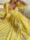 Elegant A line Sweetheart Lace Yellow Sleeveless Long Evening Party Gowns Evening Formal Dresses Prom Dress HZ1121