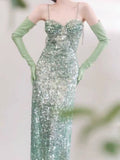Elegant Sheath Spaghetti Straps Sequin Green Sleeveless Long Evening Party Gowns Evening Formal Dresses Prom Dress HZ1121