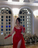 Sexy Mermaid Sweetheart Red Sequin Split Prom Dresses With Gloves Party Dress Summer 20th Birthday Outfits Birthday Dresses HZ1121