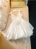 Cute A line Square Neck White Short Homecoming Dress Summer Middle School Formal Hoco Dresses Cocktail Dress Birthday Outfits HZ1121