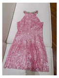 Cute Sheath High Neck Pink Sequin Formal Short 8th Grade Homecoming Dress Summer Middle School Hoco Dresses Birthday Outfits HZ1121