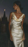 Modest Mermaid Light Yellow Satin Backless Formal Prom Gown Summer Wedding Guest Dress Bridal Guest Dresses Wedding Outfits For Guest HZ1121