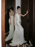 Pretty Wedding Dress Sheath Strapless Satin Sleeveless White Wedding Dresses Bridal Gowns With Cape HZ1121
