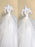 Pretty Wedding Dress Ball Gown Off The Shoulder White Satin Long Wedding Dresses With Flowers Bridal Gowns HZ1121