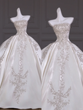 Pretty Wedding Dress Ball Gown Strapless Satin Long Appliques White Wedding Dresses Bridal Gowns HZ1121