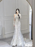 Modest Wedding Dress Mermaid Scoop Lace Long White Wedding Dresses Brides Dress Bridal Gowns With Gloves HZ1121