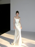 Dreamy Wedding Dress Sheath Off The Shoulder White Satin Summer Long Wedding Dresses Bridal Gowns HZ1121