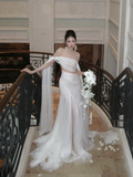 Simple Wedding Dress Sheath Off The Shoulder Summer Long Tulle White Wedding Dresses Bride Dress Bridal Gowns HZ1121