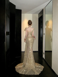 Classy Mermaid Scoop Sequin Gold Long Prom Dresses Party Dress Birthday Outfits Graduation Dresses HZ1121
