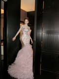 Classy Mermaid High Neck Pink Sequin Layers Tulle Long Prom Dresses Party Dress Birthday Outfits Graduation Dresses HZ1121