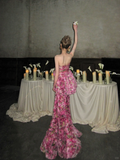 Classy Mermaid Strapless Pink Floral Rose Layers Long Prom Dresses Party Dress Birthday Outfits Graduation Dresses HZ1121