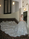 Pretty Wedding Dress Ball Gown Strapless Silver Sequin Long Luxury Wedding Dresses Bridal Gowns Brides Gown HZ1121