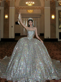 Pretty Wedding Dress Ball Gown Strapless Silver Sequin Long Luxury Wedding Dresses Bridal Gowns Brides Gown HZ1121