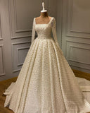 Unique Bridal Dress Ball Gown Square Neck White Pearls Long Sleeves Wedding Dresses Pretty Bridal Gowns HZ1121