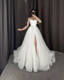 Unique Bridal Dress A Line Off The Shoulder White Tulle Long Wedding Dresses Pretty Bridal Gowns HZ1121