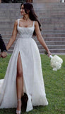 Classic Wedding Dress A Line Square Neck White Sequin Long Wedding Dresses Dreamy Bridal Gowns HZ1121