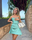 Cute A Line Strapless Mint Green Satin Mini Short Formal 7th Grade Homecoming Dresses Middle School Short Prom Dress Hoco Outfits HZ1121