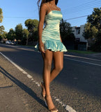Cute Sheath Spaghetti Straps Blue Satin Mini Short Formal 7th Grade Homecoming Dresses Middle School Short Prom Dress Hoco Outfits HZ1121