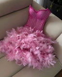 Trendy Sheath Sweetheart Pink Beads Feathers Sequin Mini Short Formal 7th Grade Homecoming Dresses Middle School Short Prom Dress Hoco Outfits HZ1121