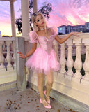 Unique A Line Sweetheart Pink Tulle Short Sleeves Mini Formal 7th Grade Homecoming Dresses Middle School Short Prom Dress Hoco Outfits HZ1121