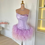 Trendy Sheath Strapless Lilac Beads Feathers Mini Short Formal 8th Grade Homecoming Dresses Middle School Short Prom Dress Hoco Outfits HZ1121