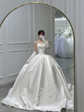 Unique Bridal Dress Ball Gown Strapless Satin White Long Wedding Dresses Luxury Bride Dress Bridal Gowns With Gloves HZ1121