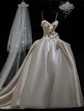 Unique Bridal Dress Ball Gown Spaghetti Straps Satin Ivory Long Wedding Dresses Luxury Bride Dress Bridal Gowns HZ1121