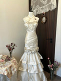 Vintage Mermaid Spaghetti Straps Satin Ivory Wedding Dress Modest Wedding Dresses Princess Wedding Gowns HZ1121