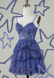 Unique A line Spaghetti Straps Blue Lace Short Mini Formal 7th Grade Homecoming Dresses Middle School Short Cocktail Night Dress Hoco Outfits HZ1121